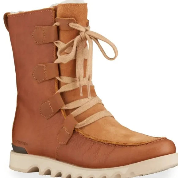 Sorel Kezar Waterproof Leather- Suede Tall Storm Sherpa Lined Laceup Boots Tan - Picture 2 of 8